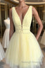 A Line V Neck Short Yellow Prom Dresses, Short V Neck Yellow Formal Homecoming Dresses