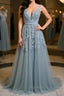 A Line V Neck Silver Gray Lace Prom Dresses, Grey Lace Formal Evening Dresses