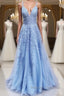 A Line V Neck Sky Blue Lace Prom Dress Light Blue Lace Prom Dress