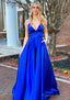 A Line V Neck Sleeveless Charmeuse Long Dress Floor Length Prom Dress With Pockets