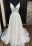 A Line V Neck Sleeveless Lace Court Train Prom Dress With Pleated