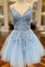 A Line V Neck Sleeveless Lace Tulle Satin Short Mini Homecoming Dress With Appliqued Sequins