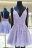 A Line V Neck Sleeveless Lace Tulle Short Mini Homecoming Dress With Appliqued Beading