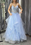 A Line V Neck Sleeveless Long Dress Floor Length Tulle Charmeuse Prom Dress With Appliqued Lace