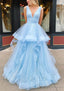 A Line V Neck Sleeveless Long Dress Floor Length Tulle Glitter Prom Dress With Pleated