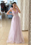 A Line V Neck Sleeveless Long Dress Floor Length Tulle Prom Dress With Appliqued Beading Flowers