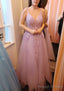 A Line V Neck Sleeveless Long Dress Floor Length Tulle Prom Dress With Appliqued Lace