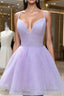 A Line V Neck Sleeveless Organza Short Mini Homecoming Dress With Glitter
