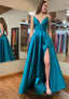 A Line V Neck Sleeveless Satin Long Dress Floor Length Prom Dress With Pockets Split