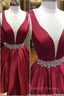 A Line V Neck Sleeveless Satin Short Mini Homecoming Dress With Beading Bandage