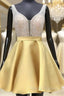 A Line V Neck Sleeveless Satin Short Mini Homecoming Dress With Beading Sequins