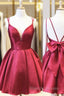 A Line V Neck Sleeveless Satin Short Mini Homecoming Dress With Bowknot