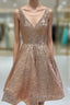A-line V Neck Sleeveless Sequined Knee-Length Homecoming Dress