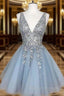 A Line V Neck Sleeveless Short Mini Homecoming Dress With Beading Ruffles Sequins