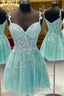 A Line V Neck Sleeveless Short Mini Lace Prom Dress With Beading