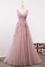 A Line V Neck Sleeveless Tulle Long with Flowers Prom Formal Prom Dress