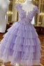 A Line V Neck Sleeveless Tulle Short Mini Homecoming Dress With Appliqued
