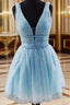 A Line V Neck Sleeveless Tulle Short Mini Homecoming Dress With Beading Glitter