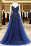 A Line V Neck Spaghetti strap Floor Length Sleeveless Backless Appliques Lace Elegant Prom Dress