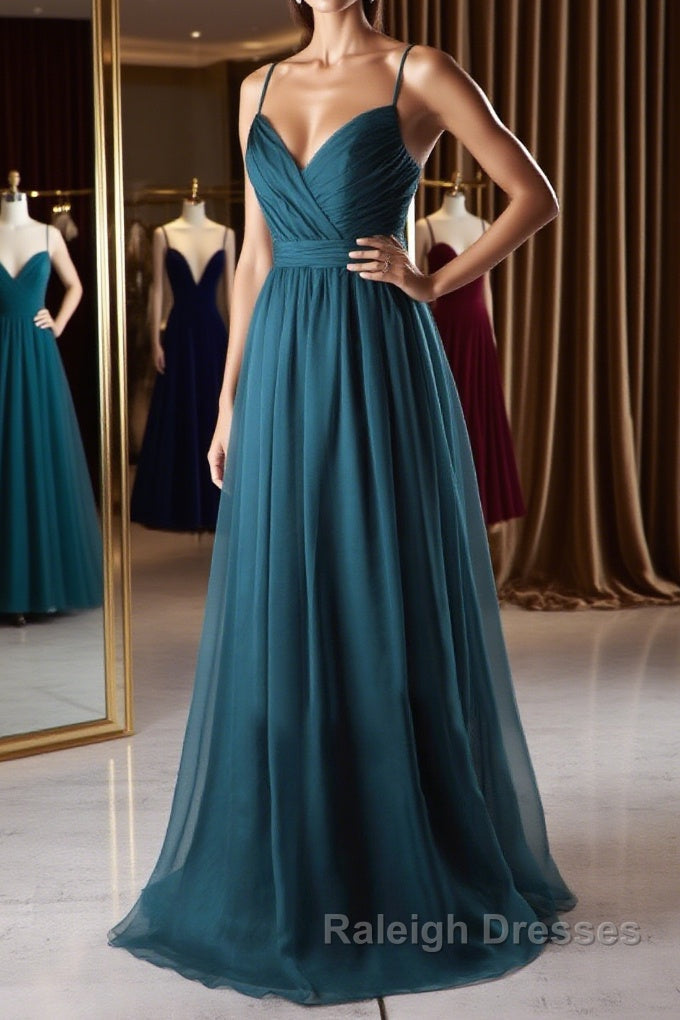 A Line V Neck Spaghetti Strap Peacock Blue Chiffon Long Prom Dresses V