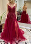 A-line V Neck Spaghetti Straps Chapel Train Tulle Prom Dresses With Split Appliqued