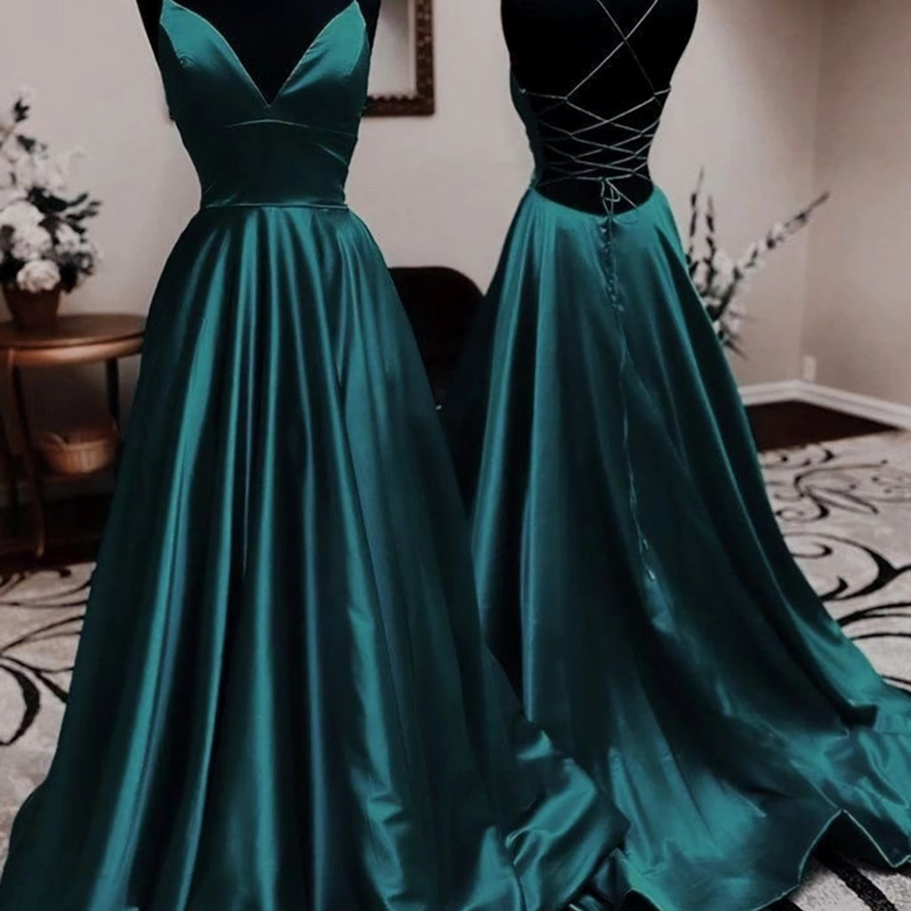 A-line V Neck Spaghetti Straps Long/Floor-Length Charmeuse Prom Dresse ...