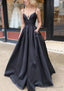 A Line V Neck Spaghetti Straps Long Dress Floor Length Satin Prom Dress With Beading Pockets
