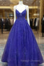 A-line V Neck Spaghetti Straps Long/Floor-Length Tulle Prom Dress With Appliqued Beading Glitter