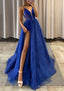 A Line V Neck Spaghetti Straps Long Dress Floor Length Tulle Prom Dress With Appliqued Glitter Split Left