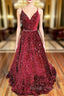 A-line V Neck Spaghetti Straps Long/Floor-Length Velvet Sequins Prom Dress With Beading