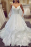 A Line V Neck Spaghetti Straps Puffy White Long Wedding Dress
