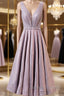 A Line V Neck Tea Length Prom Dress Shiny Tea Length Prom Dress