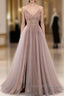A-Line V Neck Tulle Beading Pink Long Prom Dress. Pink Formal Dress