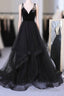 A Line V Neck Tulle Black Ball Gown, Black Prom, Black Formal