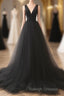 A-Line V Neck Tulle Black Long Prom Dress