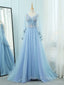 A Line V Neck Tulle Lace Blue Long Prom Dress Blue Prom Dresses
