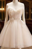 A Line V Neck Tulle Light Champagne Short Prom Dress, Champagne Homecoming Dress