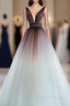A Line V Neck Tulle Long Brown Prom Dresses, Tulle Long Prom Dresses
