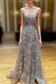A Line V Neck Tulle Sequin Long Prom Dresses Backless Long Prom Dress