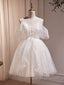 A Line V Neck Tulle Short Beige Prom Dresses Cute Beige Homecoming Dresses