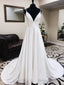A-Line V Neck White Satin Prom Dresses With Lace Back V Neck White Lace Wedding Dress
