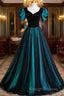 A Line Velvet And Tulle Long Prom Dresses Short Sleeve Prom Dresseses