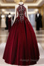 A-Line Velvet Sequin Burgundy Long Prom Dress Long Formal Dress December Wedding Guest Dress