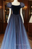 A Line Velvet Tulle Long Prom Dress, Cute Short Sleeve Prom Prom Dress