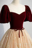 A Line Velvet Tulle Long Prom Dress, Lovely Short Sleeve Graduation Dress