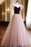 A Line Velvet Tulle Long Prom Dresses Pink Short Sleeve Prom Dresses