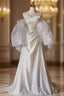 A Line White Satin Pleats Wedding Dresses