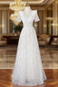 A Line White Tulle Sequins Short Sleeve Prom Dresses