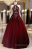 A Line Wine Red Velvet Beaded Prom Dress, Wine Red Long Prom Dress