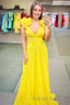 Lace-Up Fuchsia V Neck Ruffle Pleated Long Prom Dresses